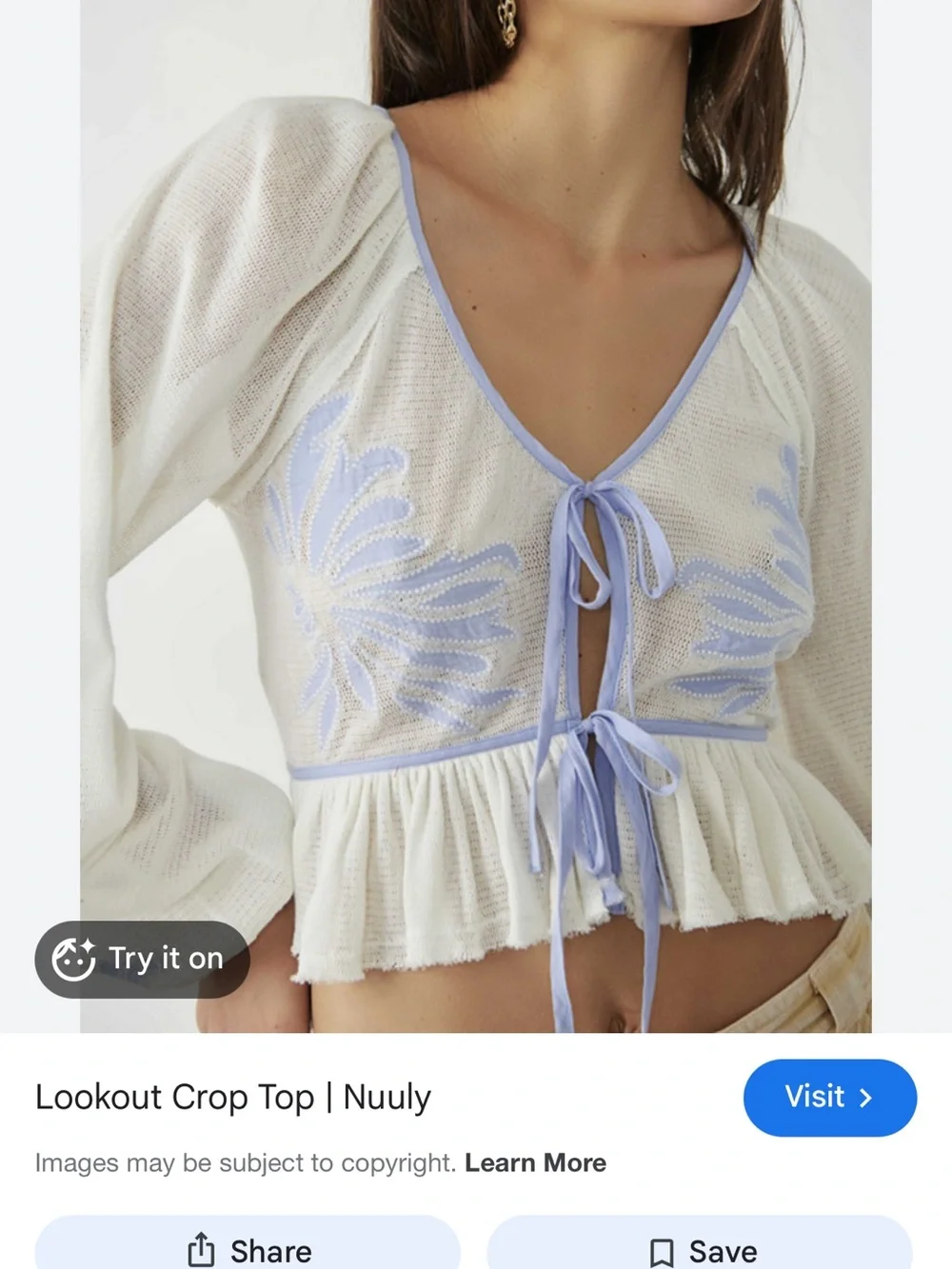 Free People Ivory and Light Blue Tie-Front Peasant Top